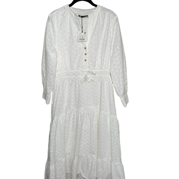 ZARA NWT WOMAN MIDI RUFFLED COMBINED PERFORATED EMBROIDERY DRESS Size Large - Picture 6 of 12
